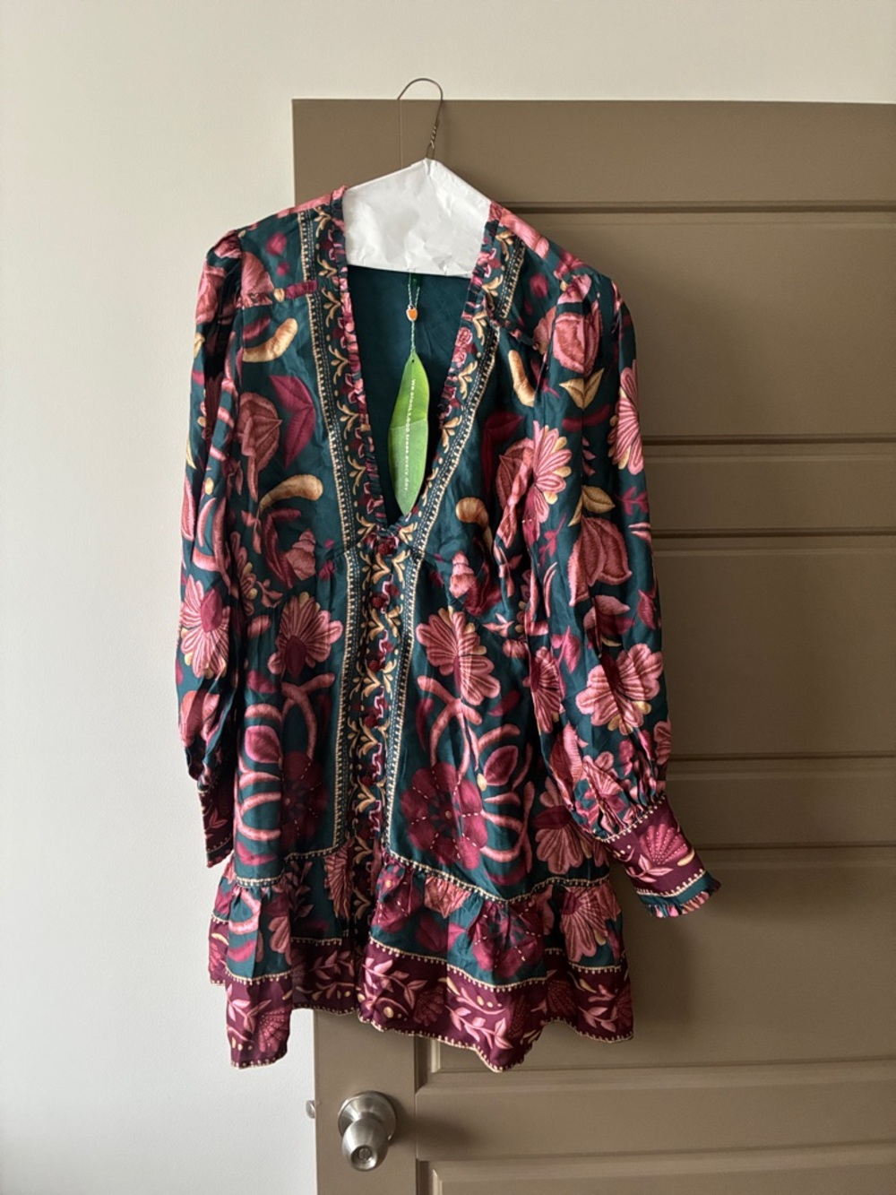 FARM Rio Green Floral Mini Dress with Pink & Burgundy Accents